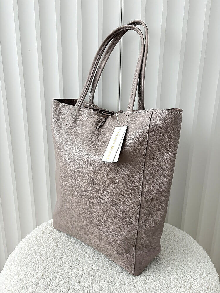Laura Biaggi skórzana torba shopper taupe z wiązaniem