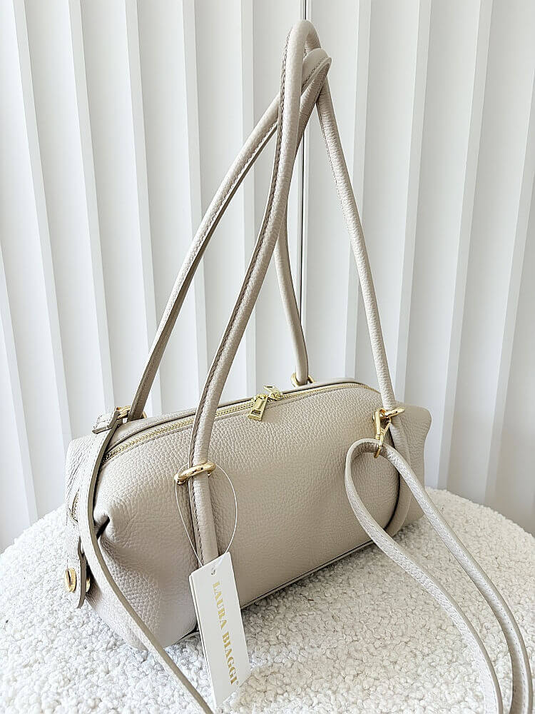 Laura Biaggi torebka kuferek na ramię skórzany beżowy