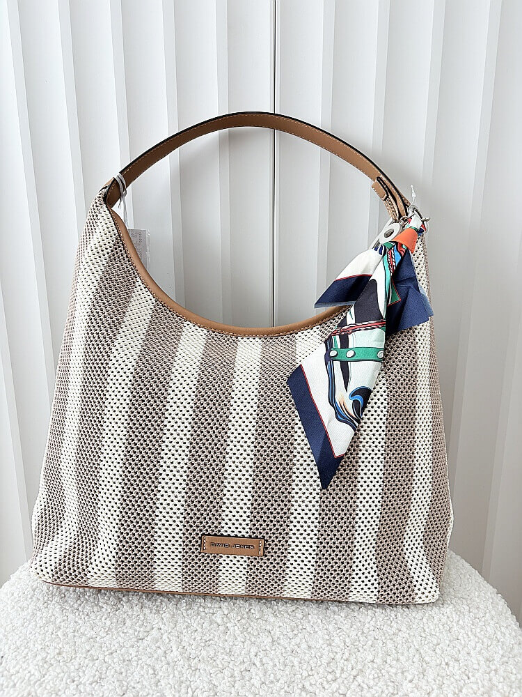 David Jones torba shopper na ramię beżowo-biała plecionka
