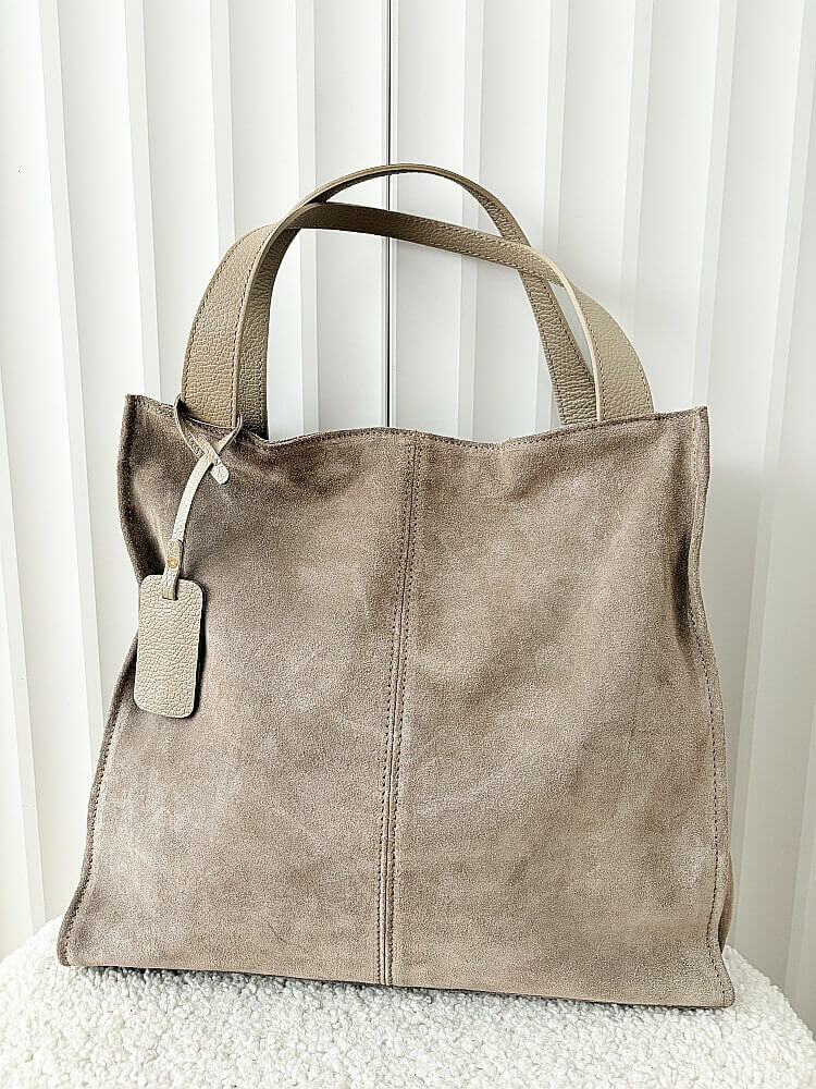 Laura Biaggi zamszowa torba shopper taupe z przeszyciem