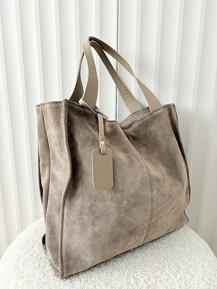 Laura Biaggi zamszowa torba shopper taupe z przeszyciem