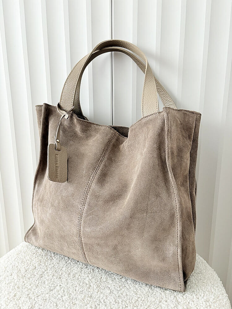 Laura Biaggi zamszowa torba shopper taupe z przeszyciem