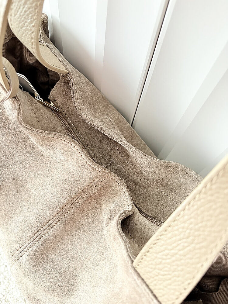 Laura Biaggi zamszowa torba shopper taupe z przeszyciem