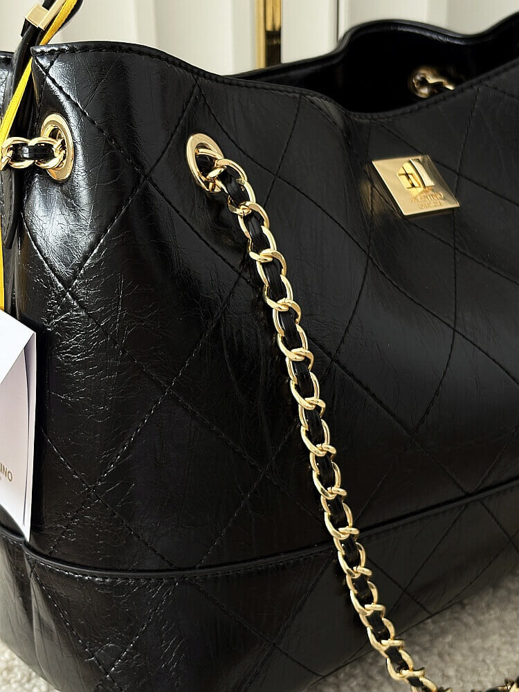 Valentino Creations torebka shopper czarna pikowana z łańcuszkiem