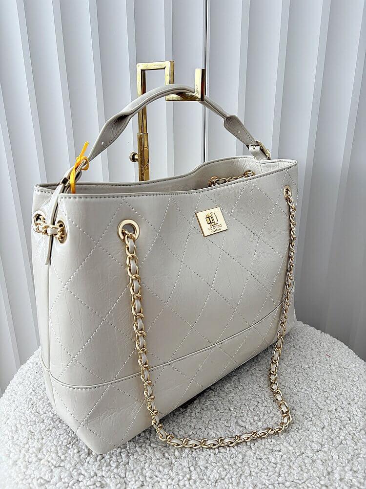 Valentino Creations torebka shopper beżowa pikowana z łańcuszkiem