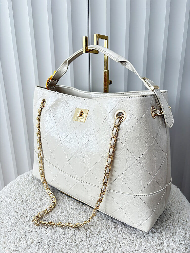 Valentino Creations torebka shopper beżowa pikowana z łańcuszkiem