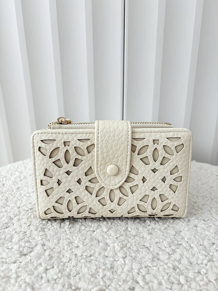 Valentino Creations portfel z klapką ażurowy jasnobeżowy