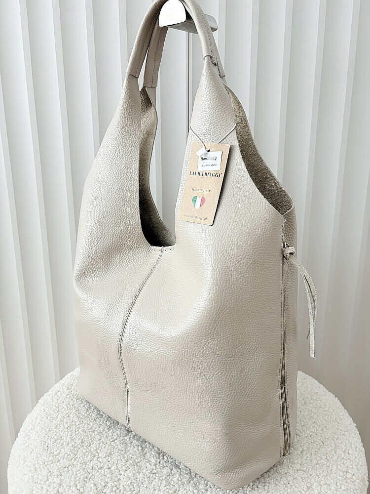 Laura Biaggi skórzana torba shopper na ramię beżowa