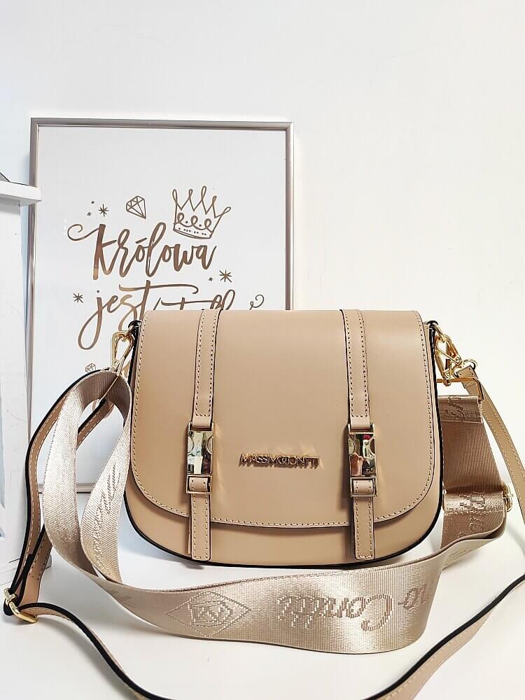 OUTLET Massimo Contti duża listonoszka skórzana beżowa z klapką