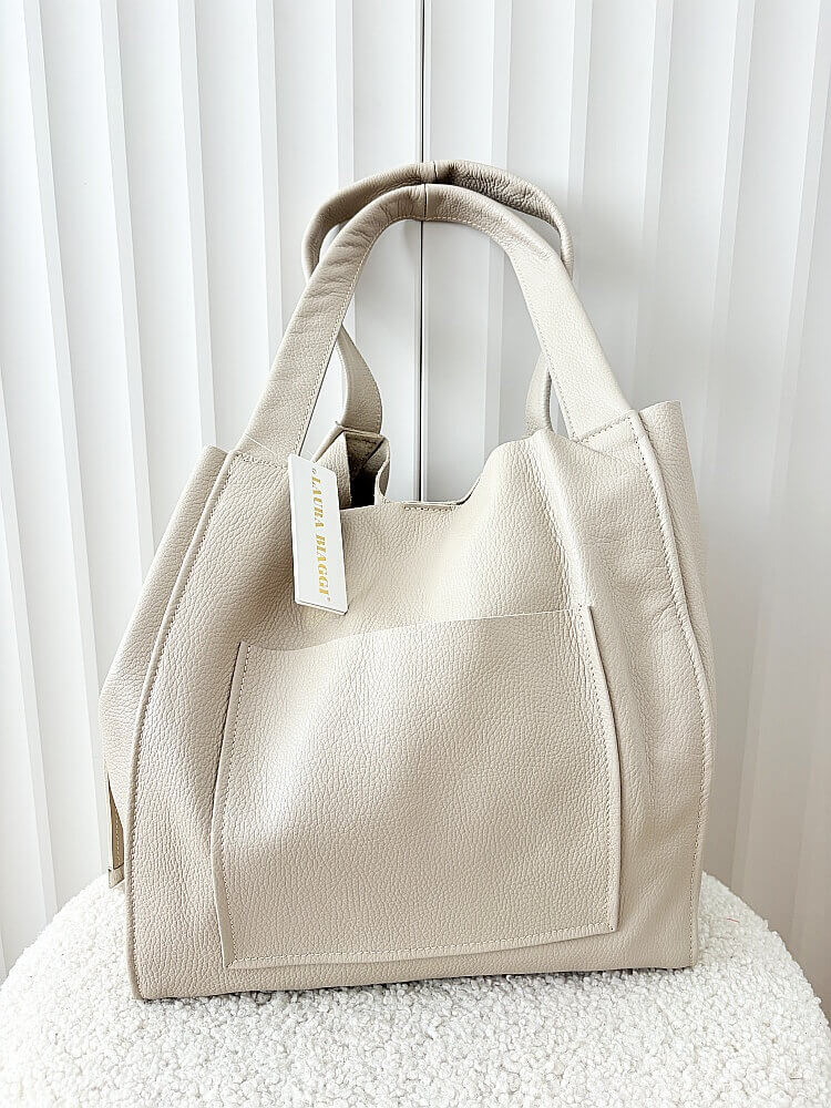Laura Biaggi torba shopper skórzana beżowa z kieszenią