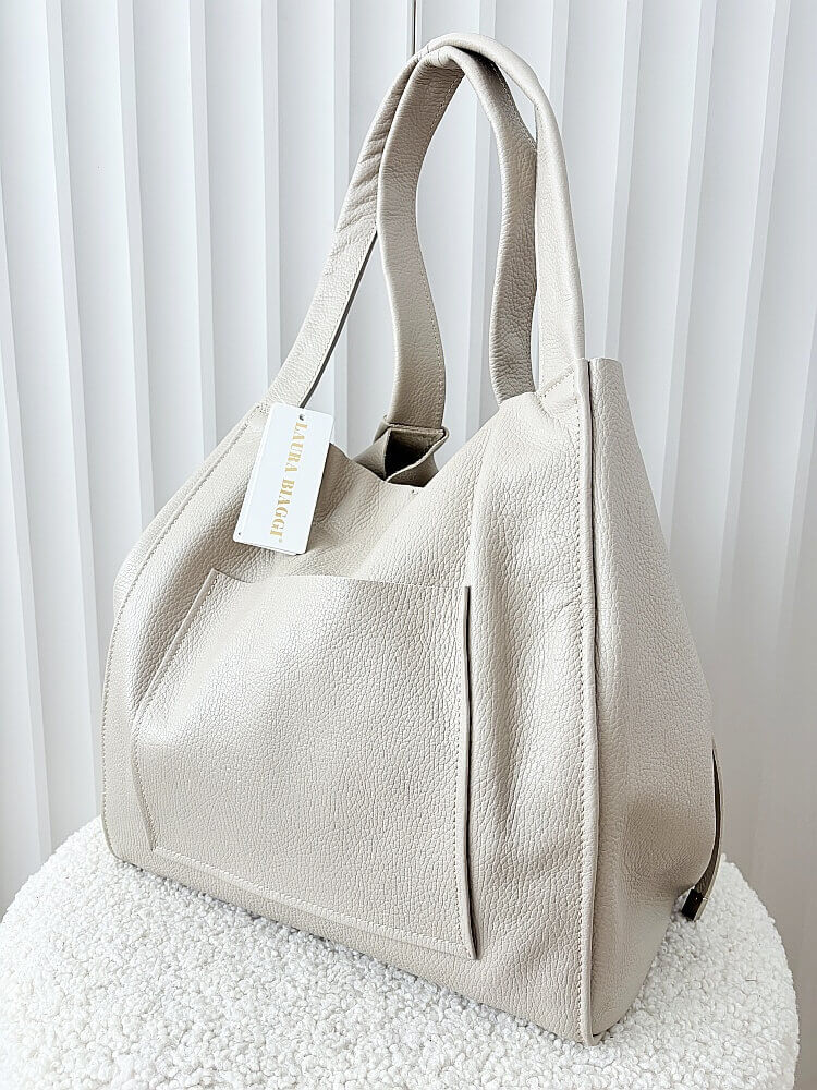 Laura Biaggi torba shopper skórzana beżowa z kieszenią