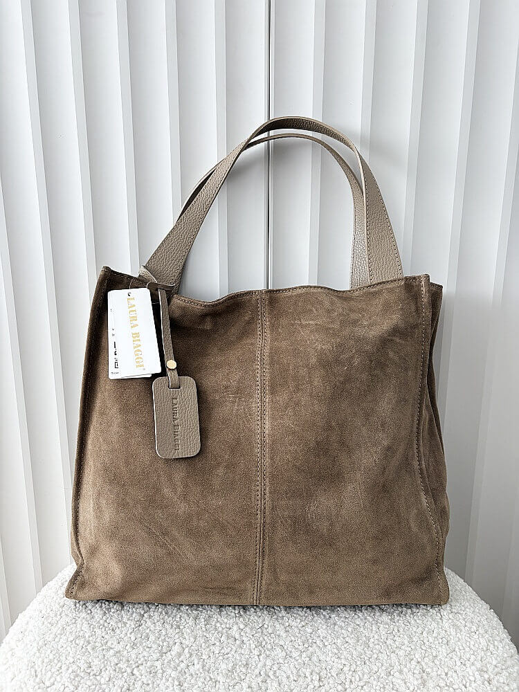 Laura Biaggi zamszowa torba shopper taupe z przeszyciem