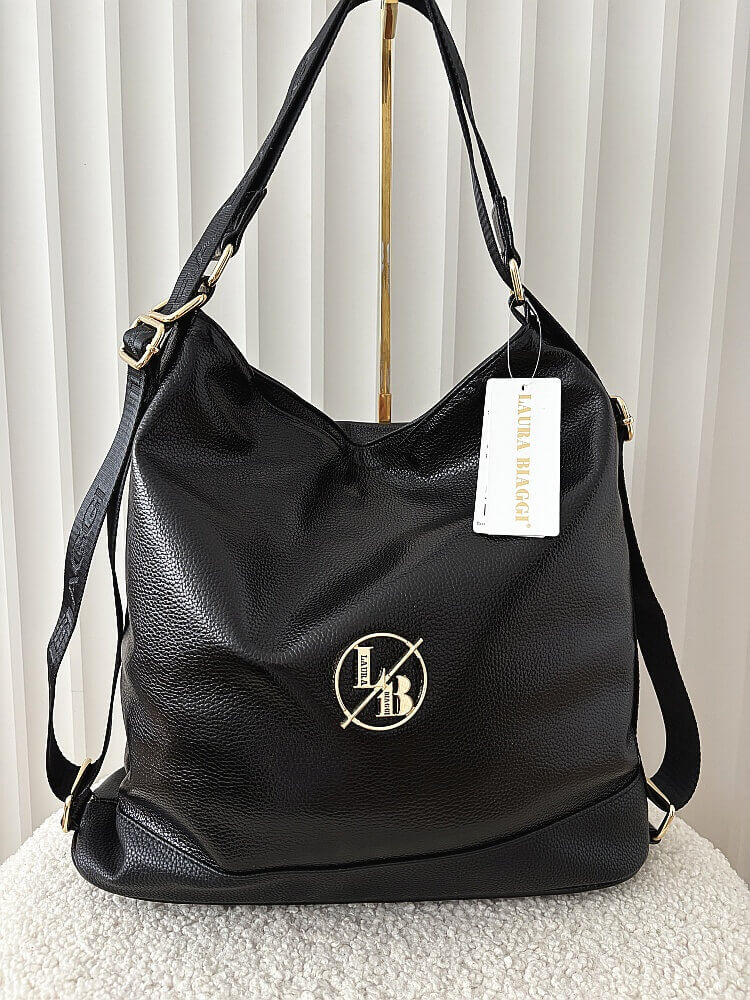 Laura Biaggi 2w1 torebka shopper plecak czarna lakierowana