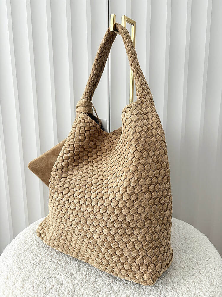 Torebka shopper na ramię ciemnobeżowa plecionka ekozamsz