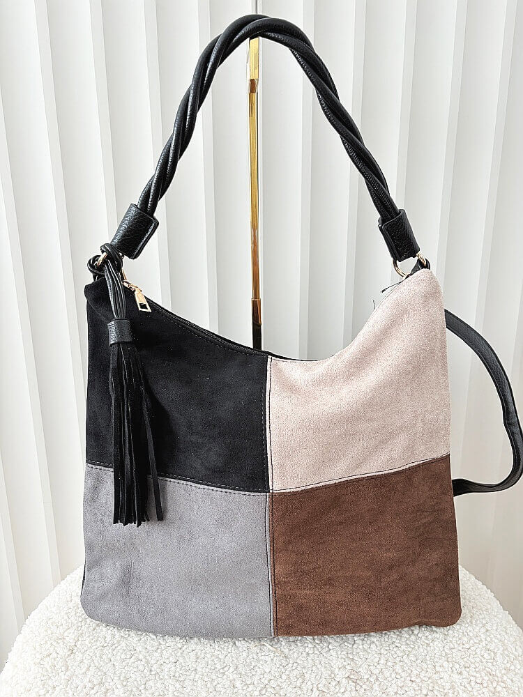 Torebka shopper na ramię czarna z brązowym ekozamsz 