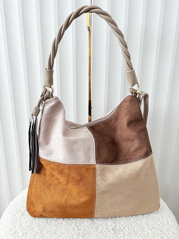 Torebka shopper na ramię taupe z brązowym ekozamsz