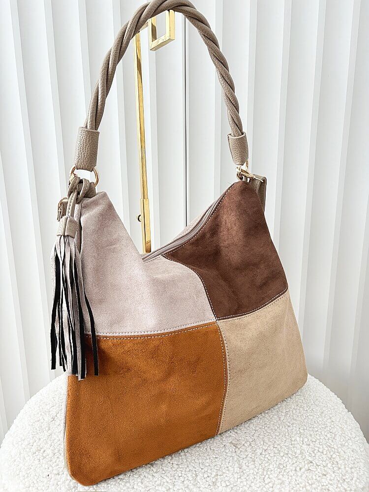 Torebka shopper na ramię taupe z brązowym ekozamsz