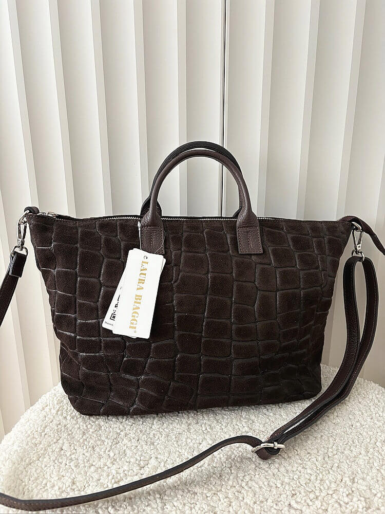 Laura Biaggi torba shopper zamszowa czekoladowa design