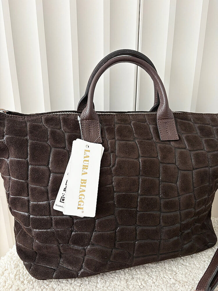 Laura Biaggi torba shopper zamszowa czekoladowa design
