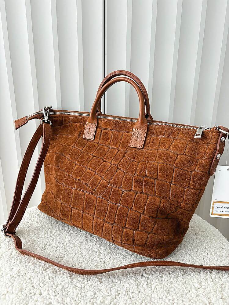 Laura Biaggi torba shopper zamszowa camelowa design