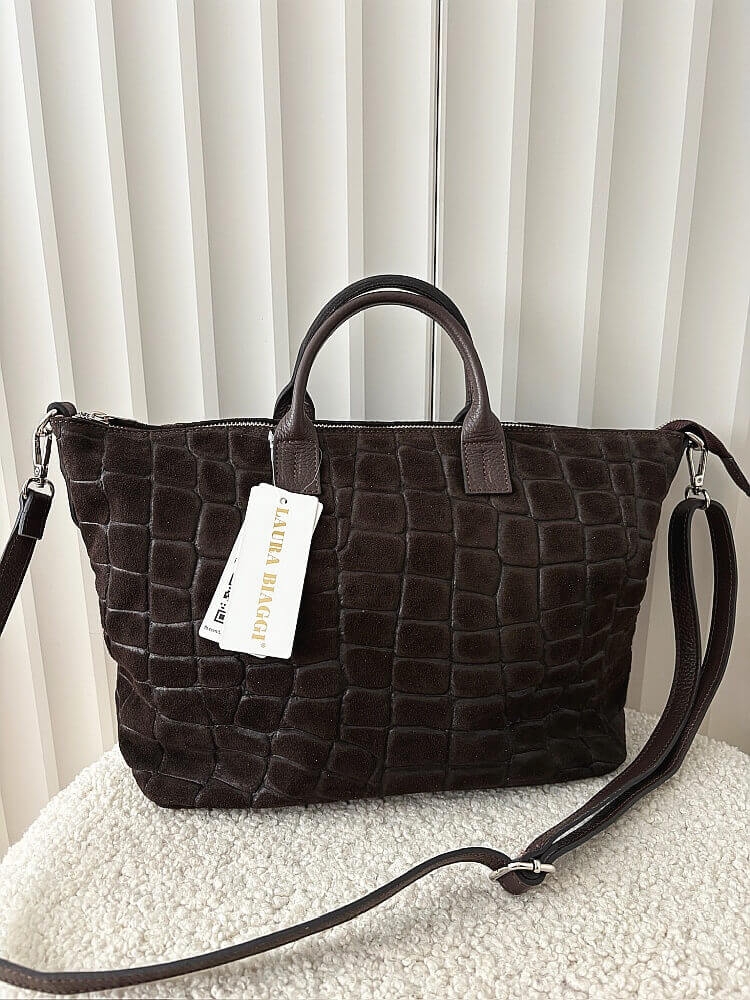 Laura Biaggi torba shopper zamszowa czekoladowa design