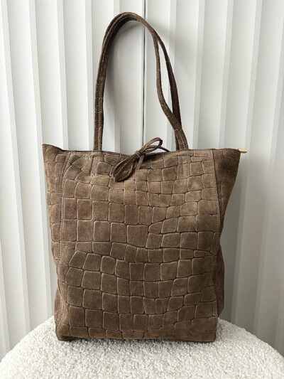 Laura Biaggi zamszowa torba shopper taupe design z wiązaniem